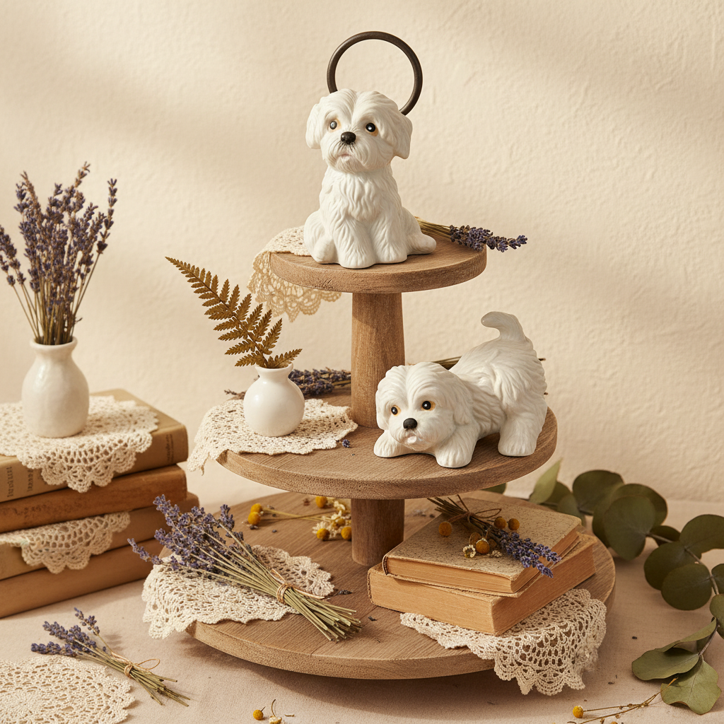 Homco Maltese Puppy Figurines #1411 – Set of 2 White Porcelain Dogs, 1980s Collectible Decor