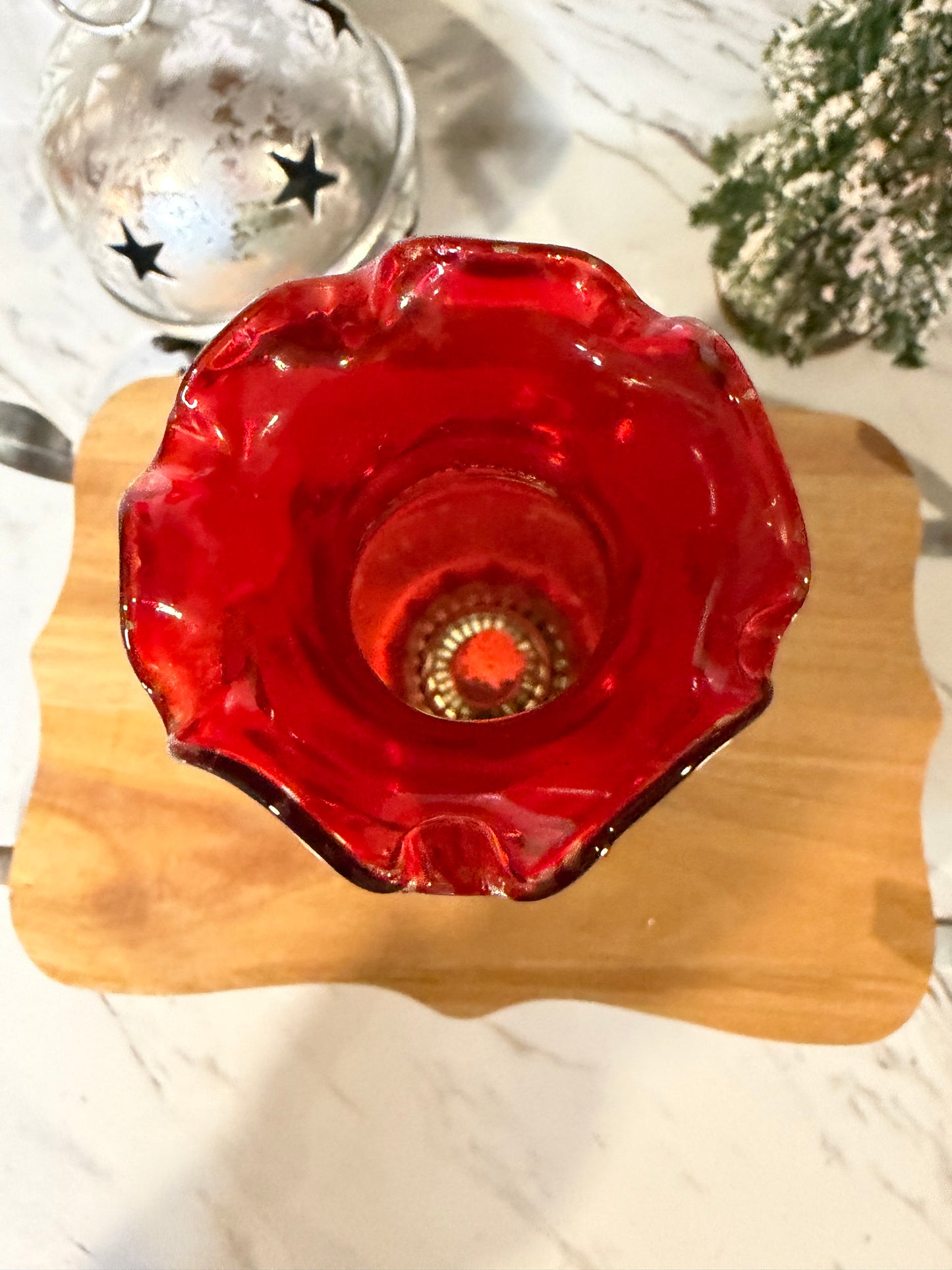 Vintage Milk Glass Oil Lamp – Red-Coated Glass Chimney with Holly Berry Wreath