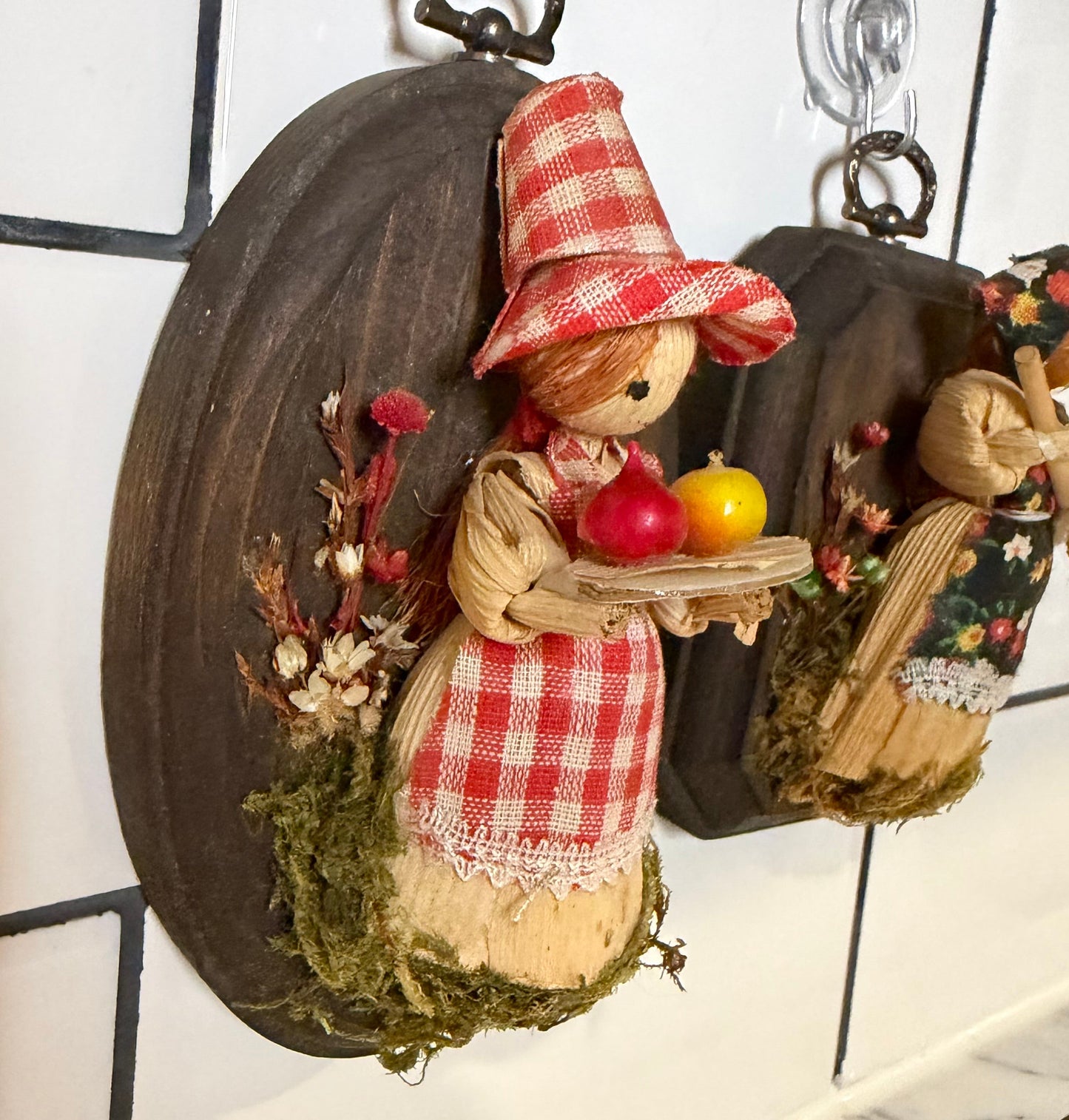 Pair of Corn Stalk Ladies Wood Mounted Appalachian Folk Art