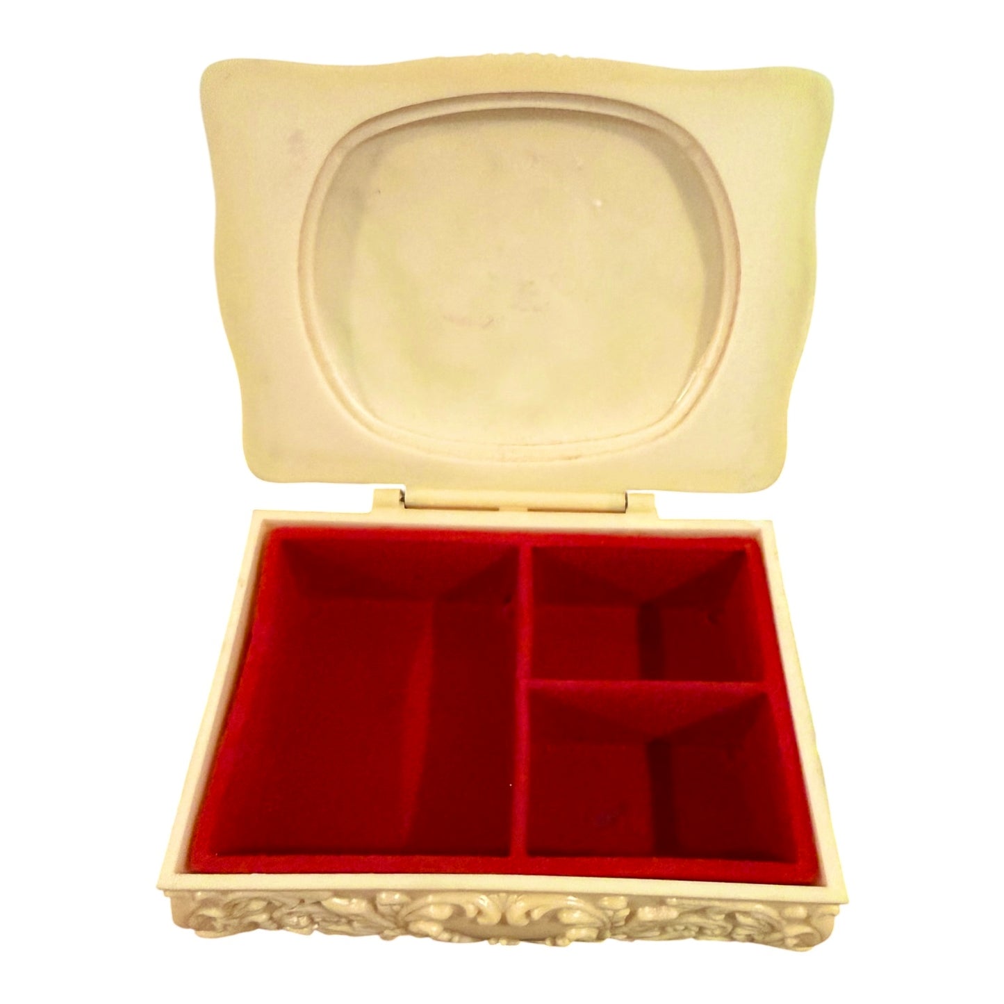 Vintage French Ivory Celluloid Jewelry Trinket Box | Footed Vanity Box with Romantic Courting Couple Lid | Rococo Style Keepsake Storage