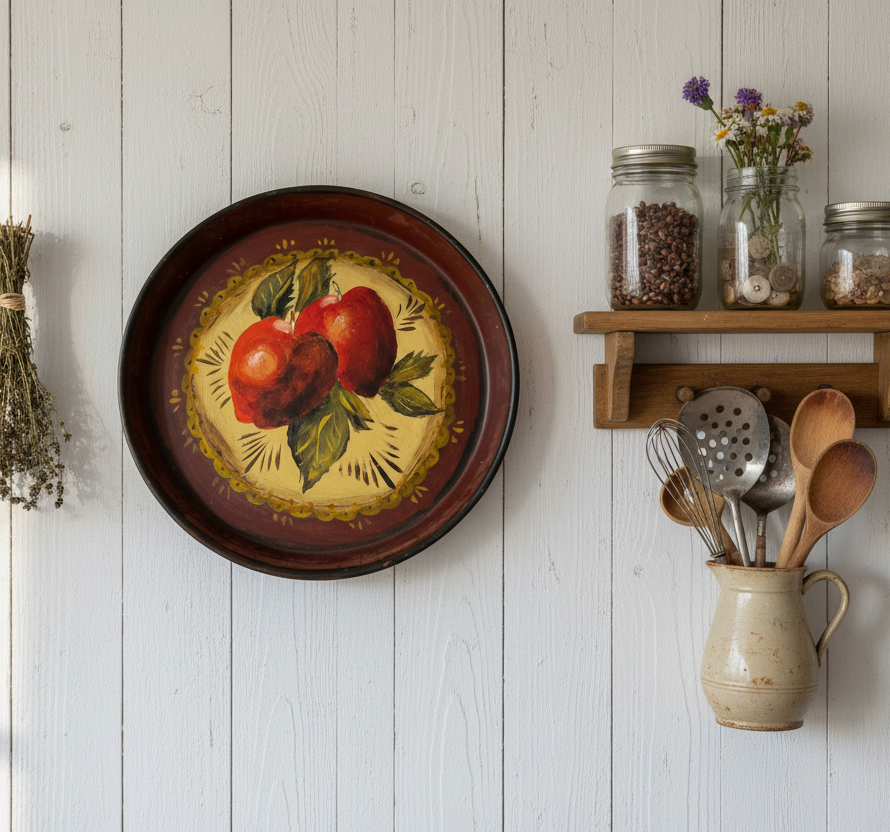 Vintage Hand-Painted Toleware Tray – Folk Art Apple Design, 1974