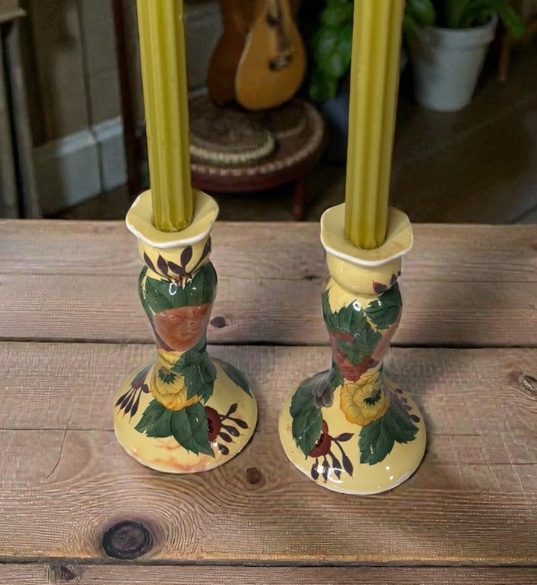 Vintage Hand-Painted Floral Ceramic Candle Holders — Set of 2