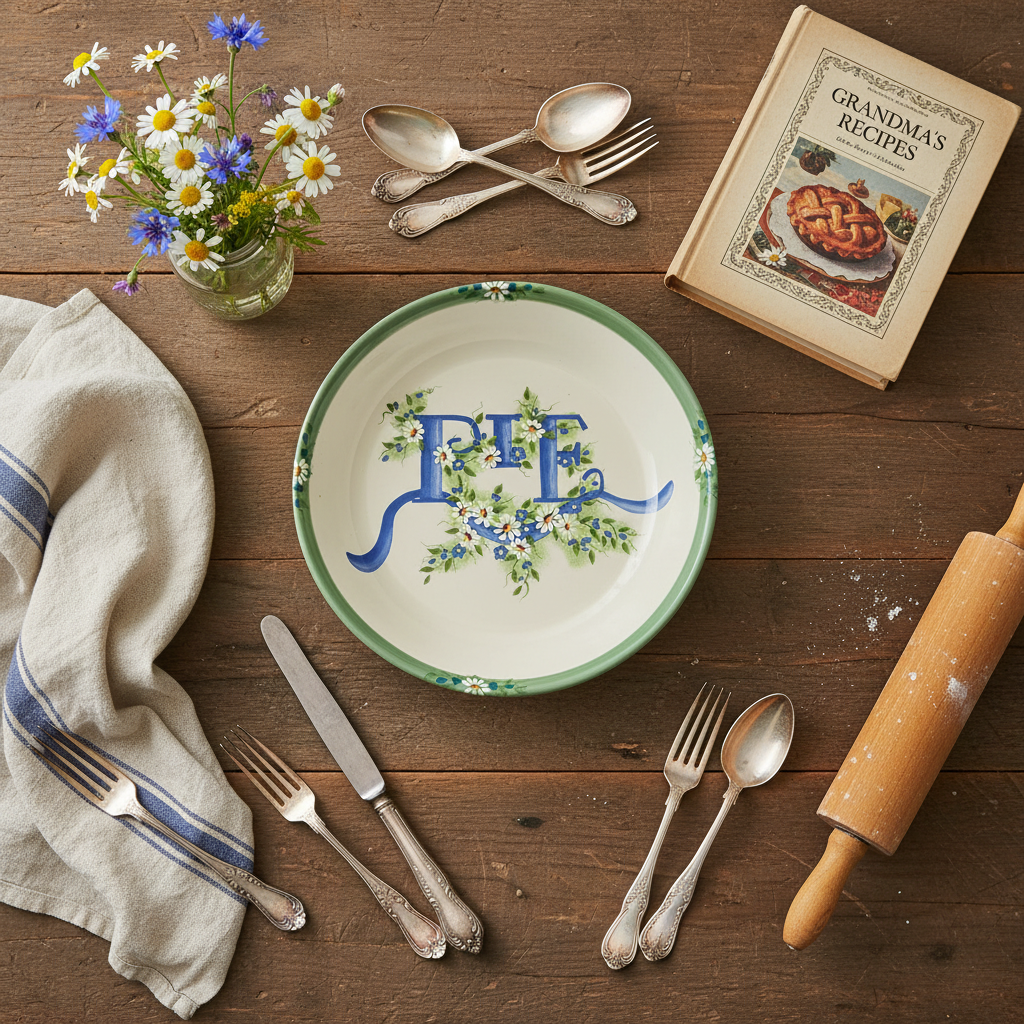 Herb Collection Vintage Ceramic Pie Plate by Kathy Hatch | Hand-Painted “PIE” Design | 2001