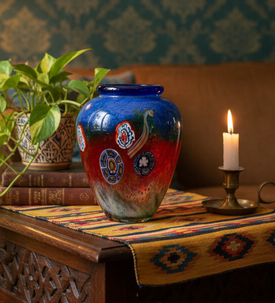 Murano-Style Vintage Millefiori Art Glass Vase – Hand-Blown Murrine Mosaic Cased Glass