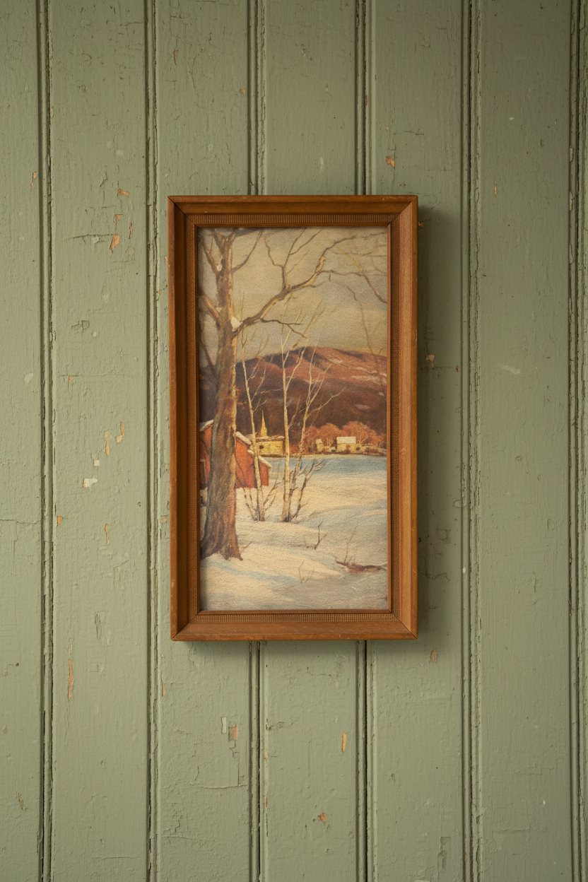 Vintage Robert Wood “Snow in the Catskills” Textured Print | Framed Mid-Century Winter Landscape
