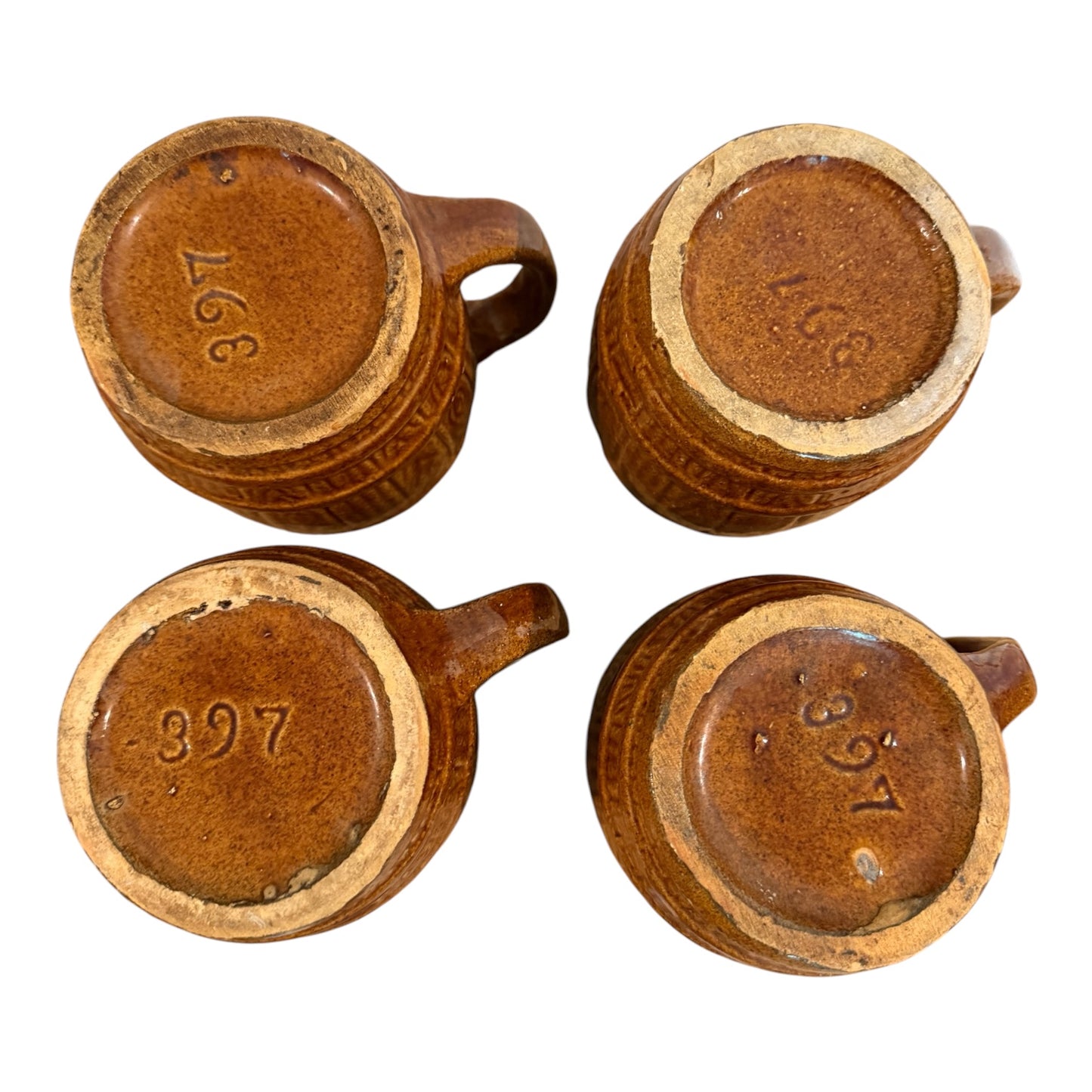 Set of 4 Vintage McCoy Pottery Old Oaken Barrel Mugs 397 | Faux Bois Brown Stoneware Beer Steins