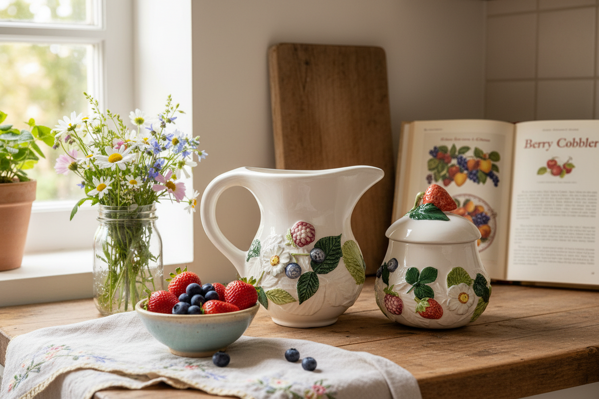 Italian Majolica Sea Gull “Capri” Vintage Creamer & Lidded Sugar Bowl Set | Hand-Painted Berry Motif | Made in Italy