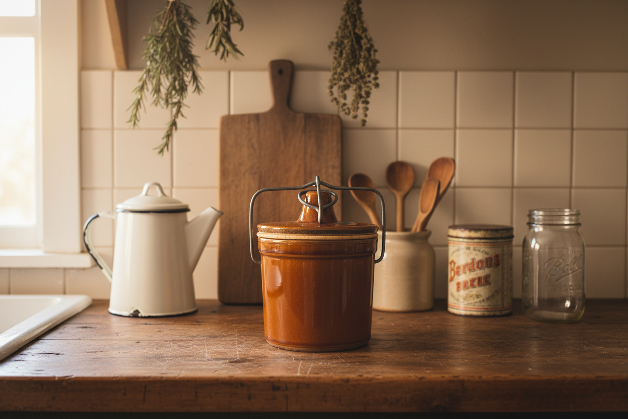 Brown Vintage Stoneware Cheese or Butter Crock with Wire Bail Lid