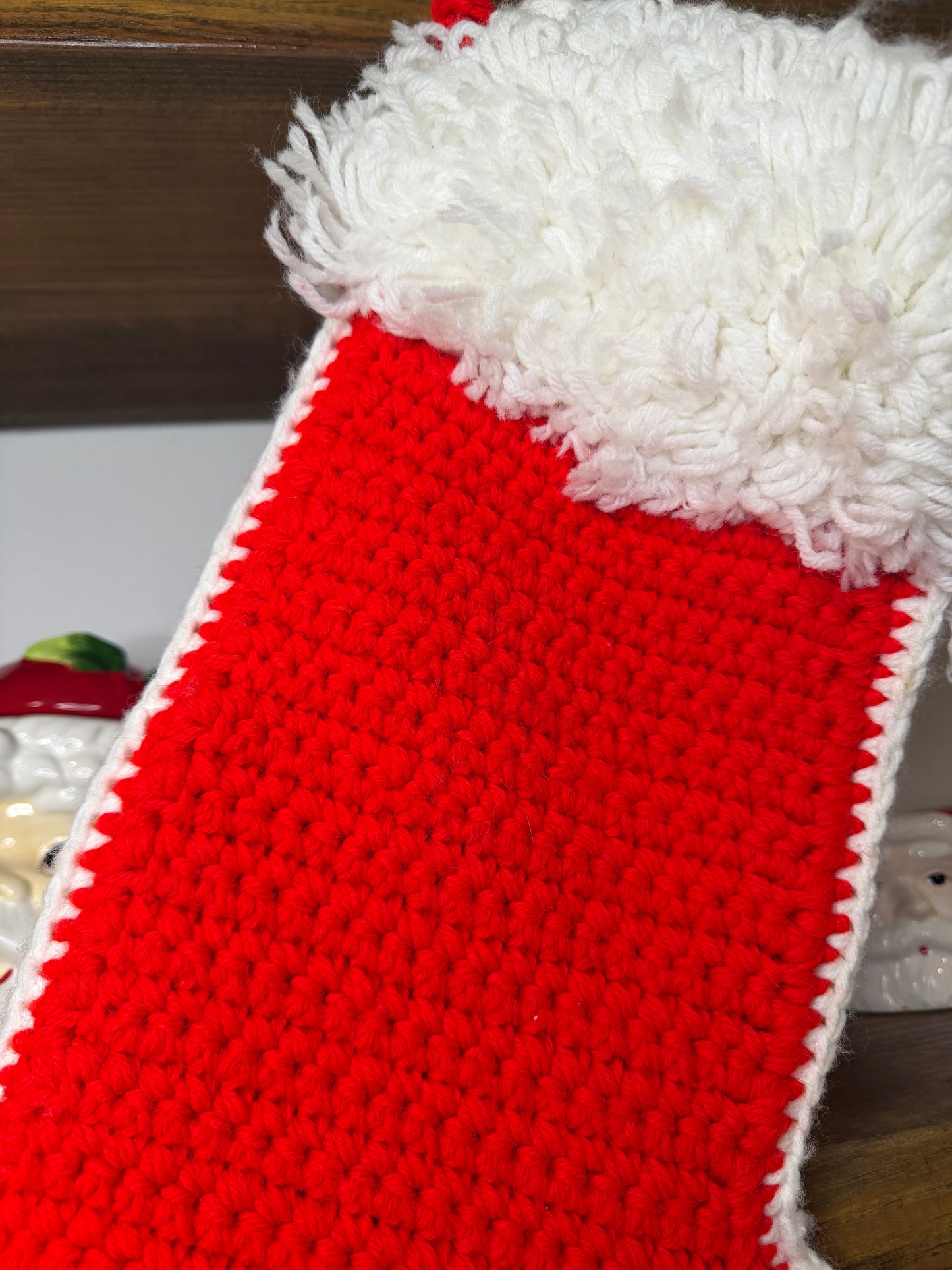 Vintage Hand-Crocheted Christmas Stocking – Red with White Trim, 19”