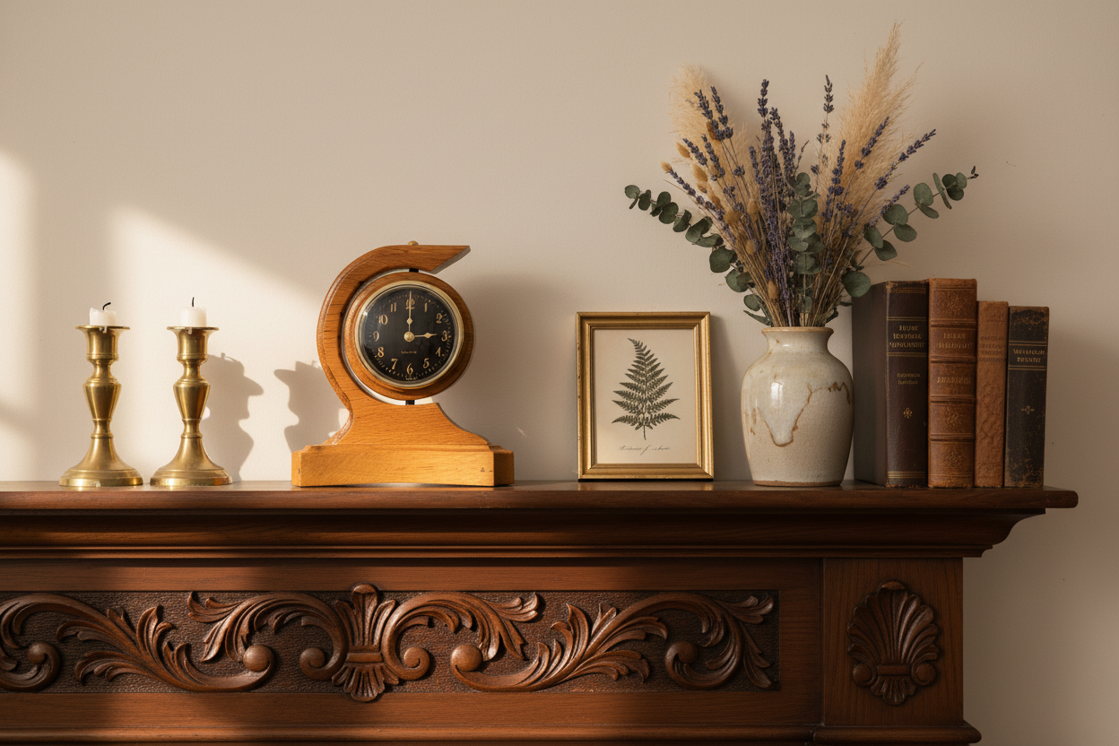 Handmade Vintage Wooden Crescent Mantel Clock | Swivel Quartz Clock | Solid Oak Desk Shelf Clock