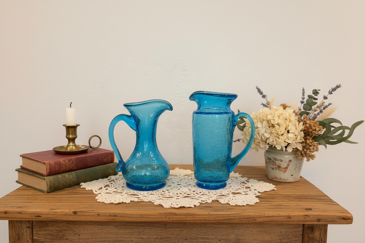 Vintage Kanawha Glass Company Blue Crackle Glass Mini Pitcher Set – Hand Blown (Set of 2)