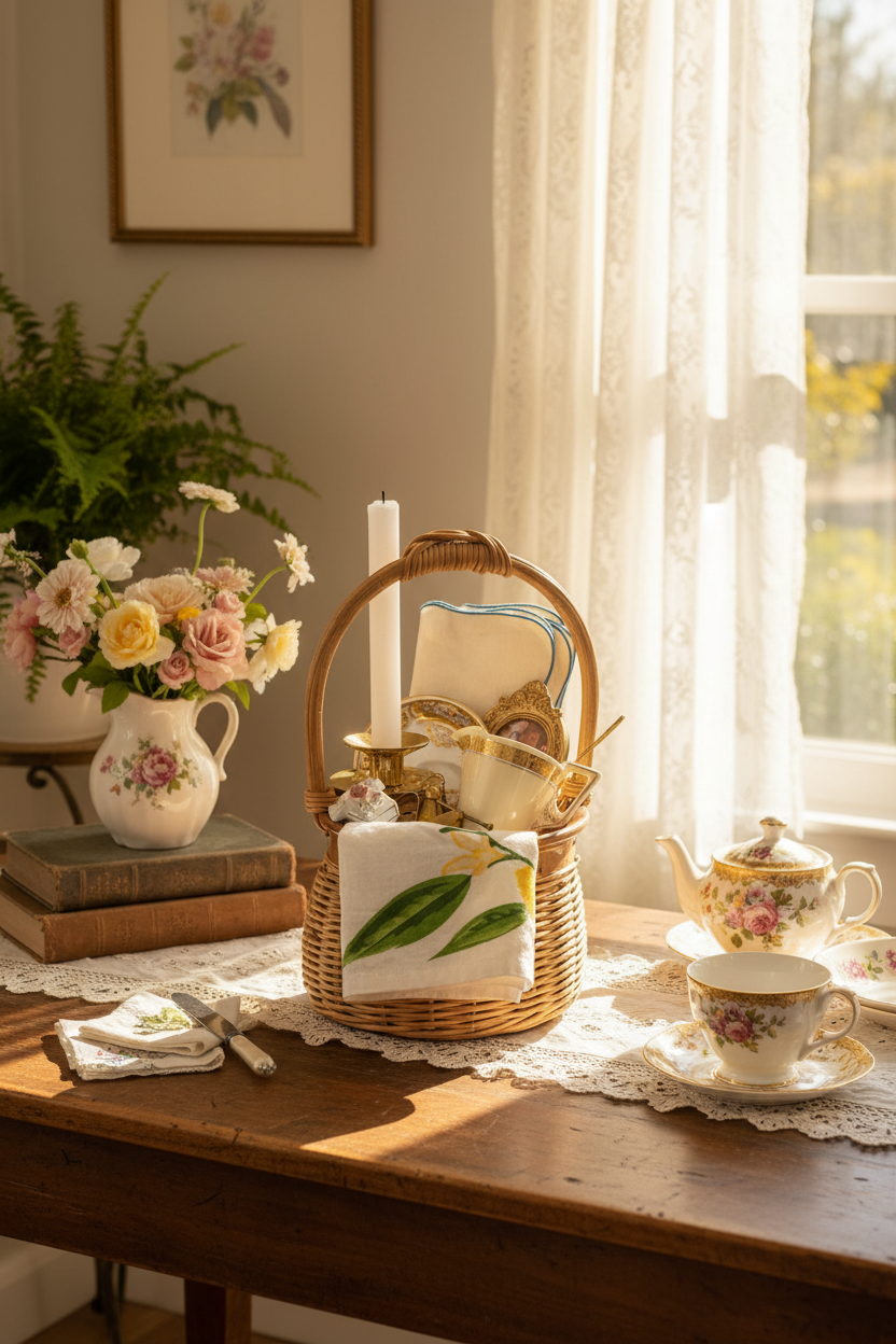 Curated Vintage Grandmillennial Basket | Collected Charm Home Decor Bundle
