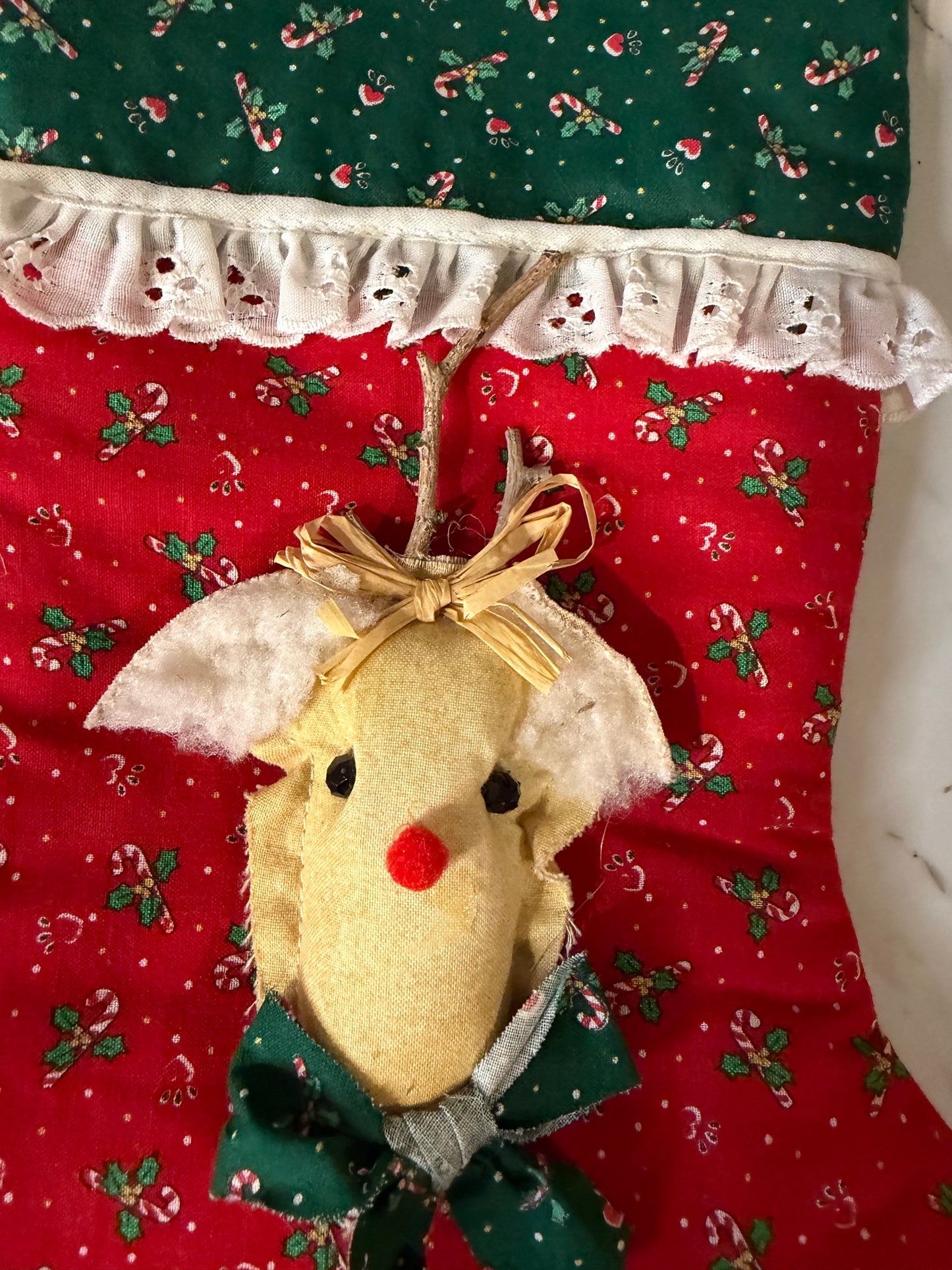 Handmade Rudolph Stocking – Red & Green Holly Berry Fabric - Lace Trim