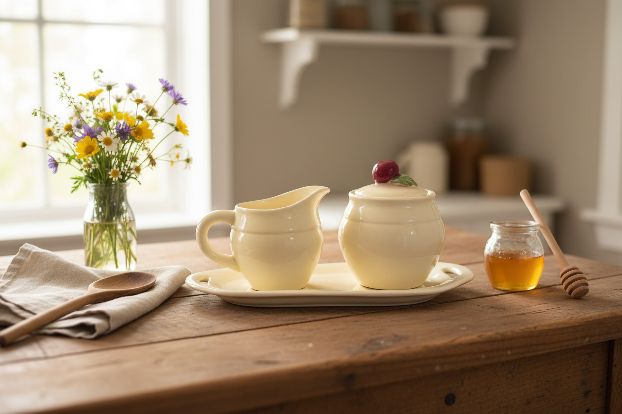 Enesco Vintage Ceramic Creamer, Sugar Jar & Plate Holder Set – Cottagecore Kitchen Decor