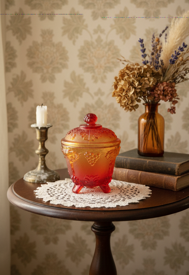 Jeannette Glass Amberina Grape & Vine Vintage Covered Candy Dish | Footed Glass Compote