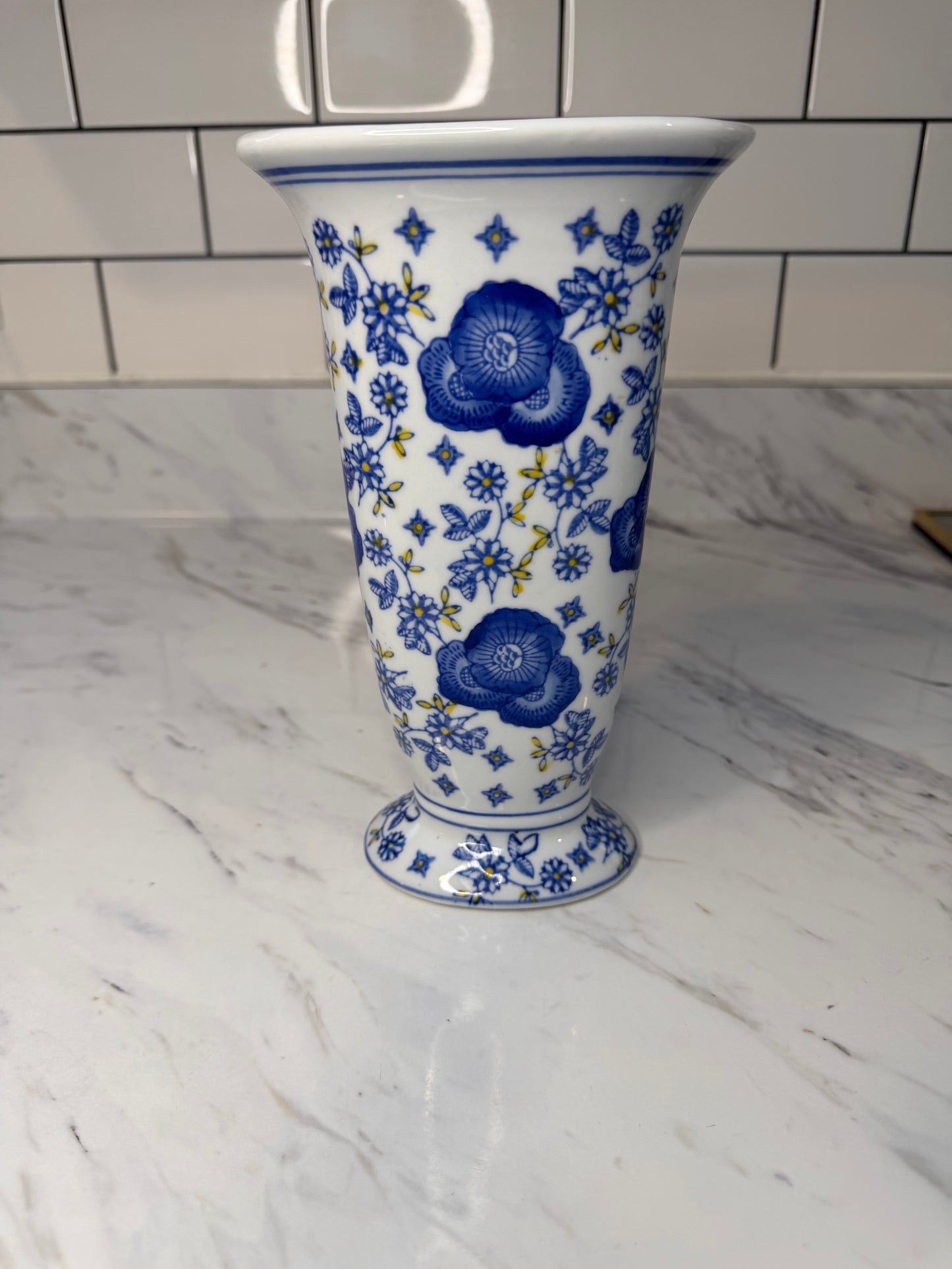 Chinoiserie Vintage Blue & Yellow Floral Ceramic Vase