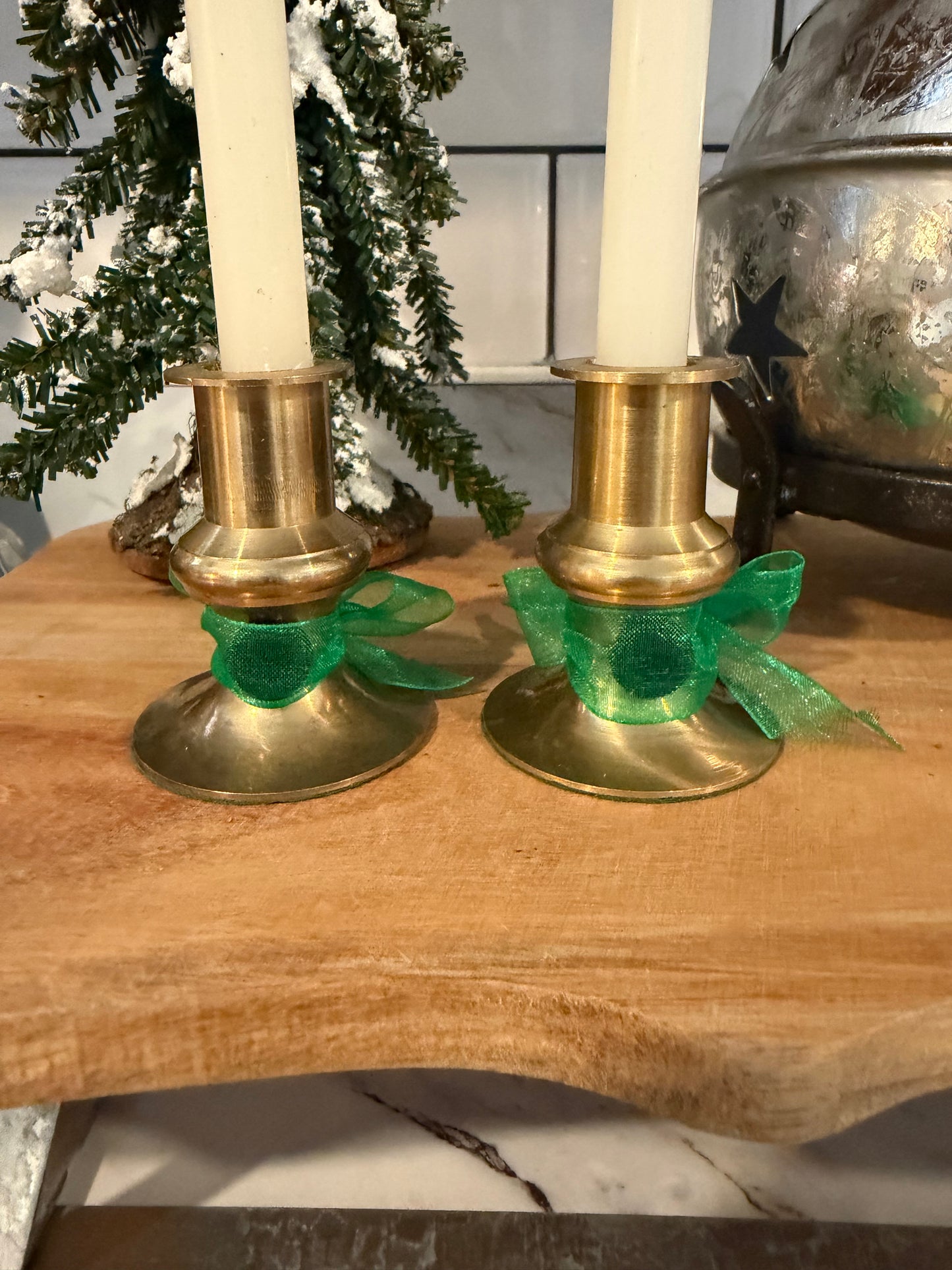 Vintage Brass Candle Holders with Green Bow & Candles Included - Candlesticks Repurposed