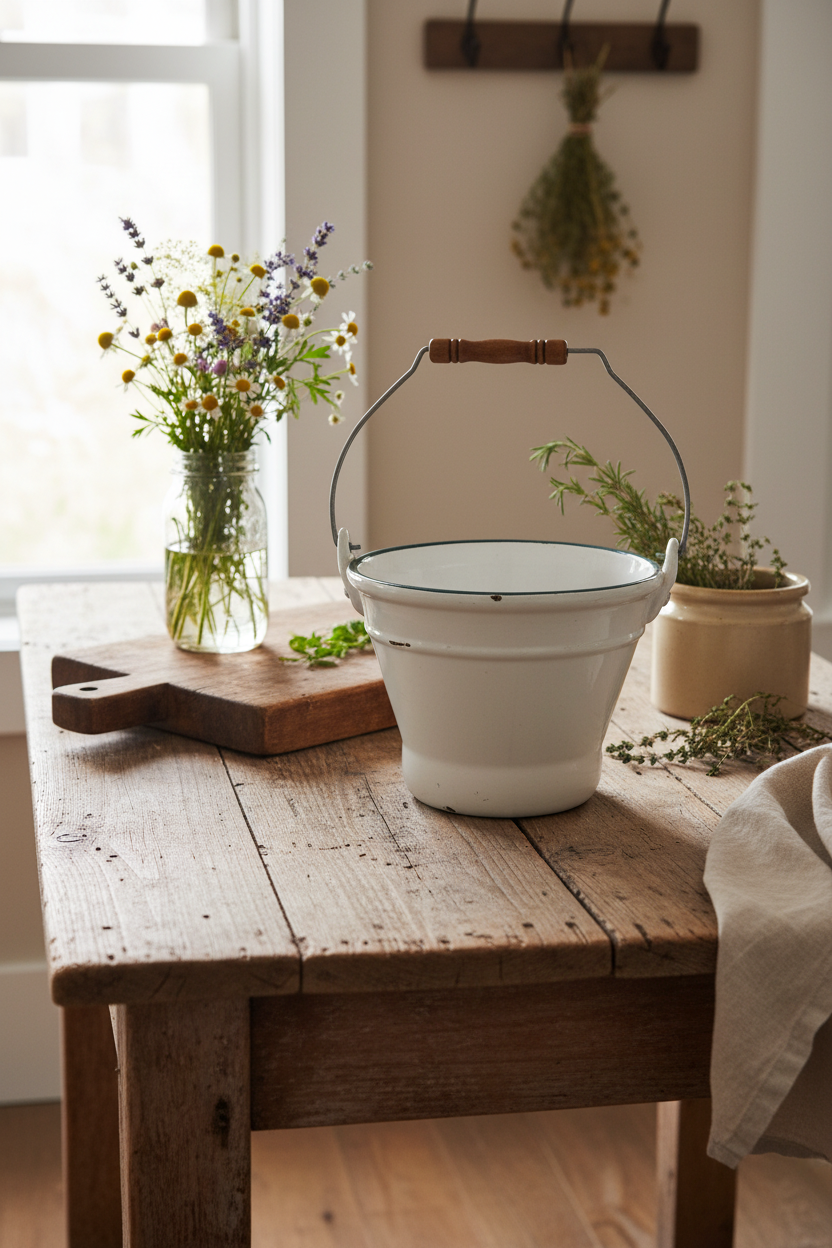 Norcal Vintage Pottery White Faux Enamelware Bucket with Blue Rim & Handle – Vintage Farmhouse Decor