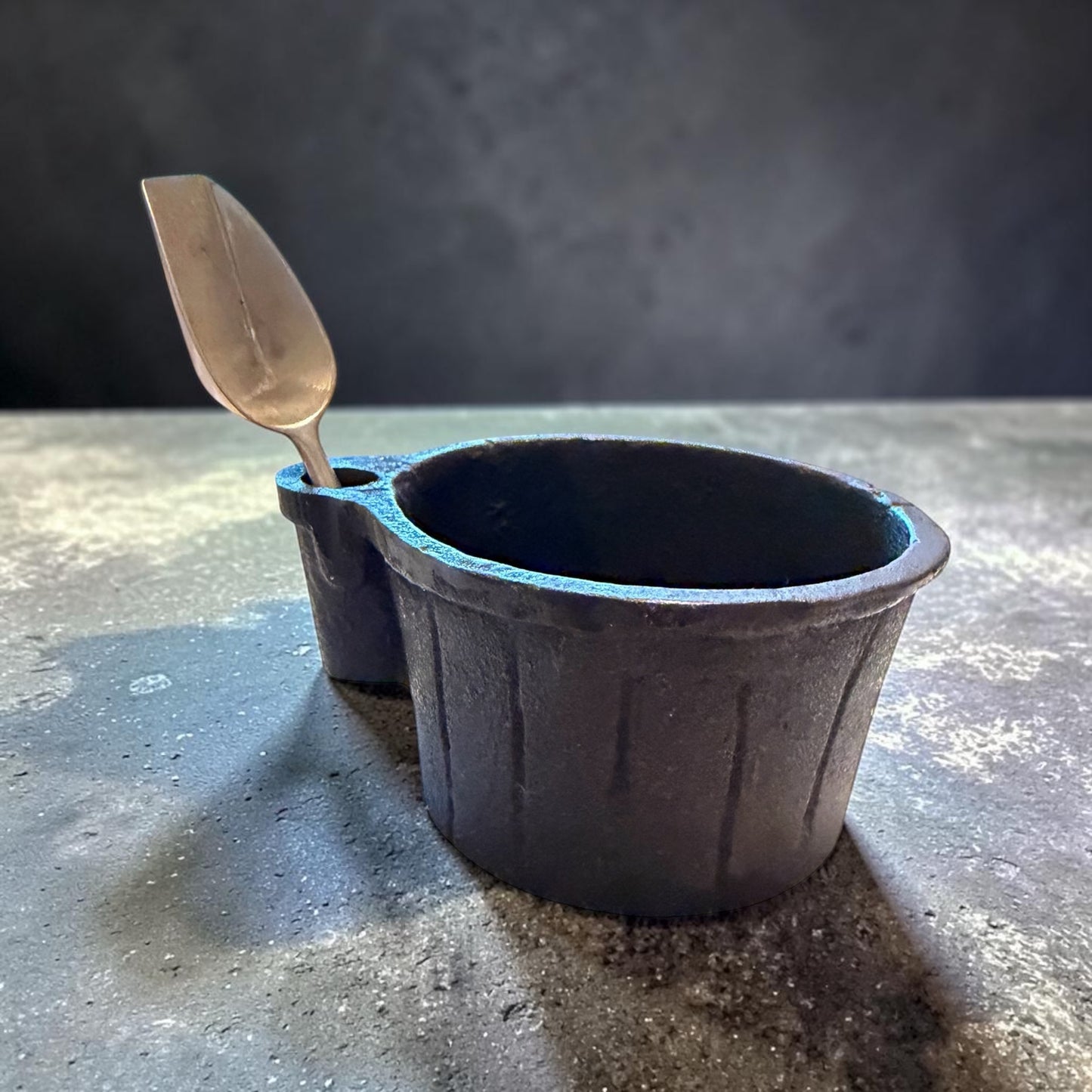 Cast Iron Vintage Salt Cellar with Spoon | Rustic Kitchen Salt Pig