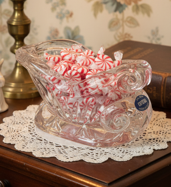 24% Lead Crystal Vintage Christmas Sleigh – Holiday Candy Dish / Votive Holder