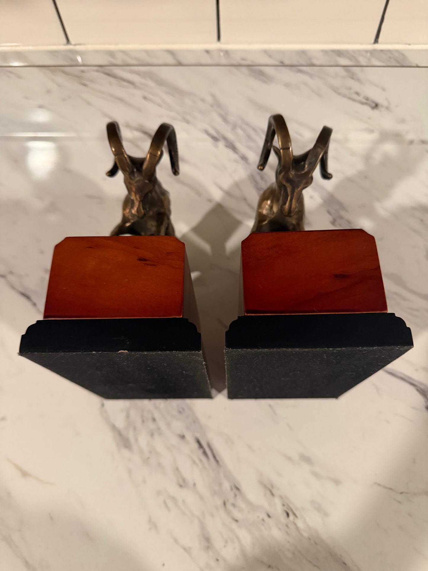 Pair of Vintage Brass Ram Bookends — Wood Base —
Mid Century