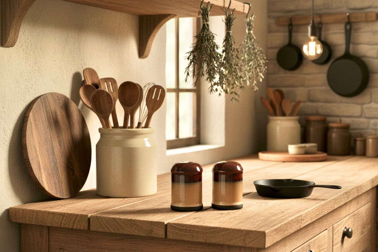 Sango Nova Brown Vintage Salt & Pepper Shaker Set – Rustic Ombre Stoneware – Japan