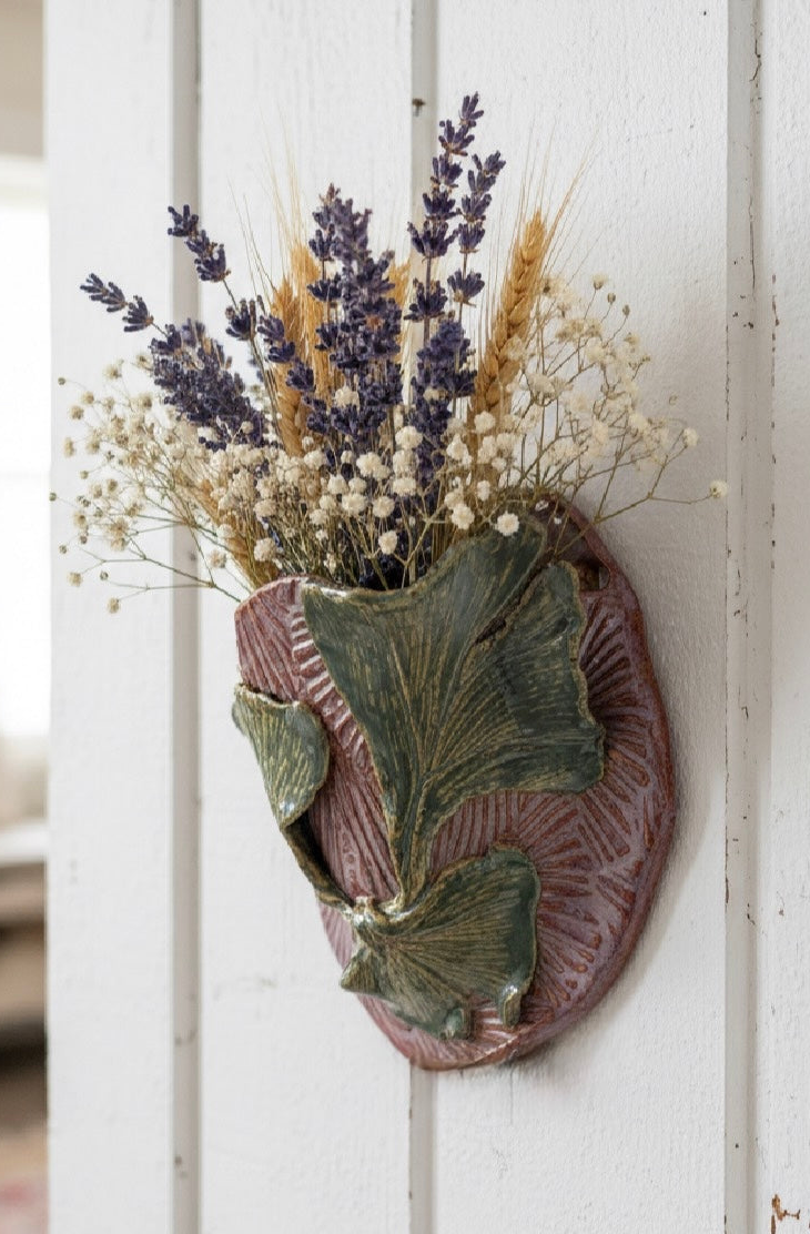 Handmade Ceramic Wall Pocket with Ginkgo Relief – Purple & Green Studio Pottery Vase