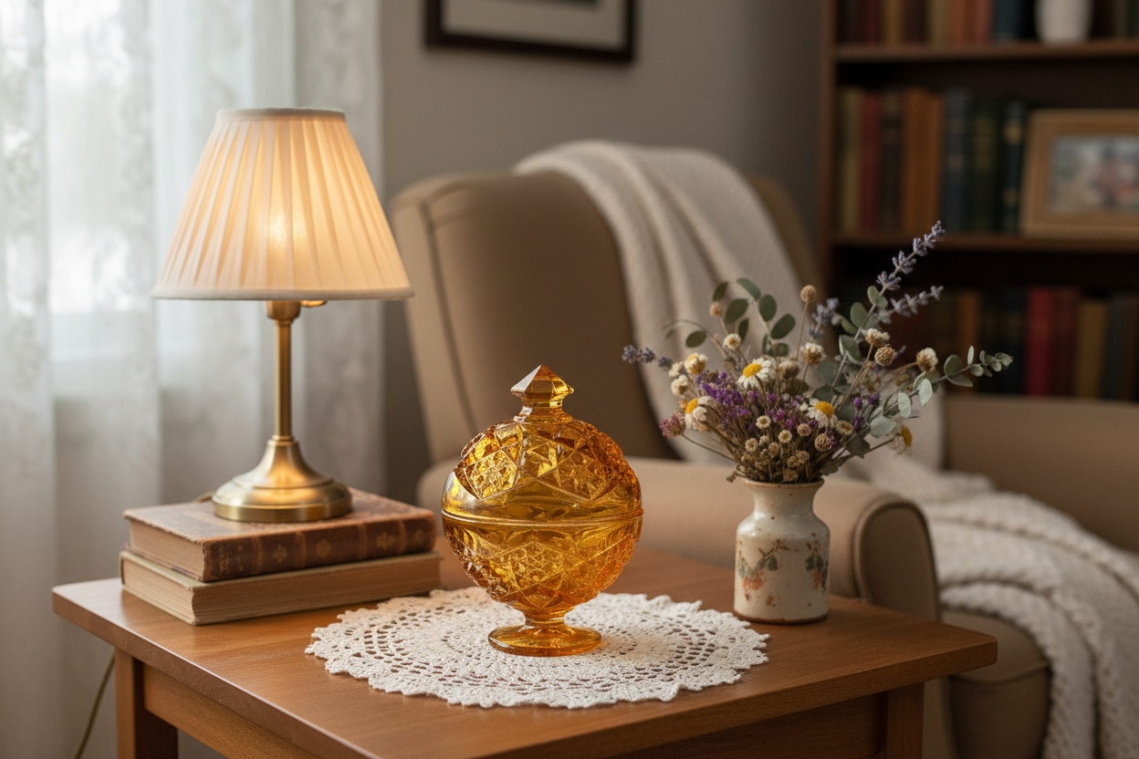 Kemple Vintage Glass Amber Covered Compote Candy Dish