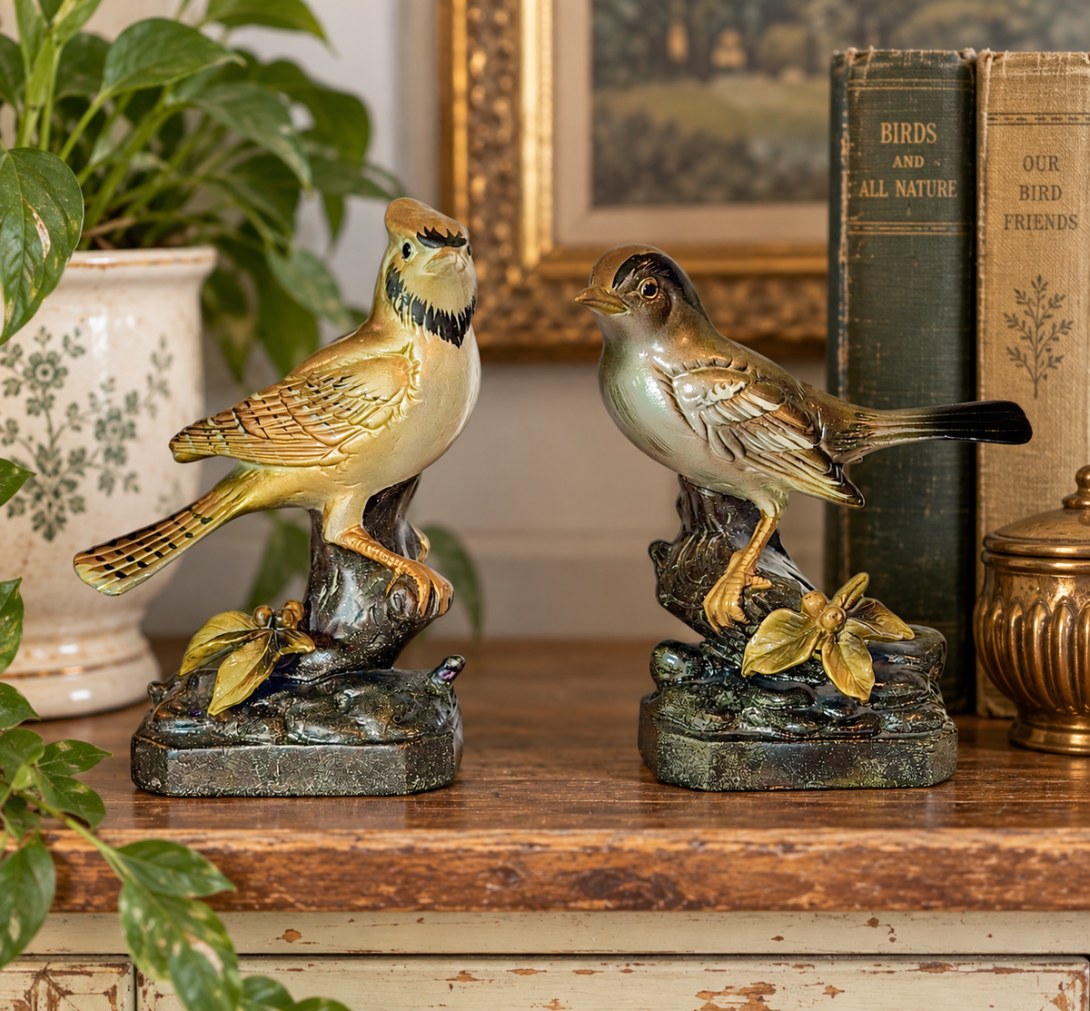 NARCO Argent’Oro Vintage Blue Jay & Ovenbird Mid-Century Bird Pair Figurines 5”