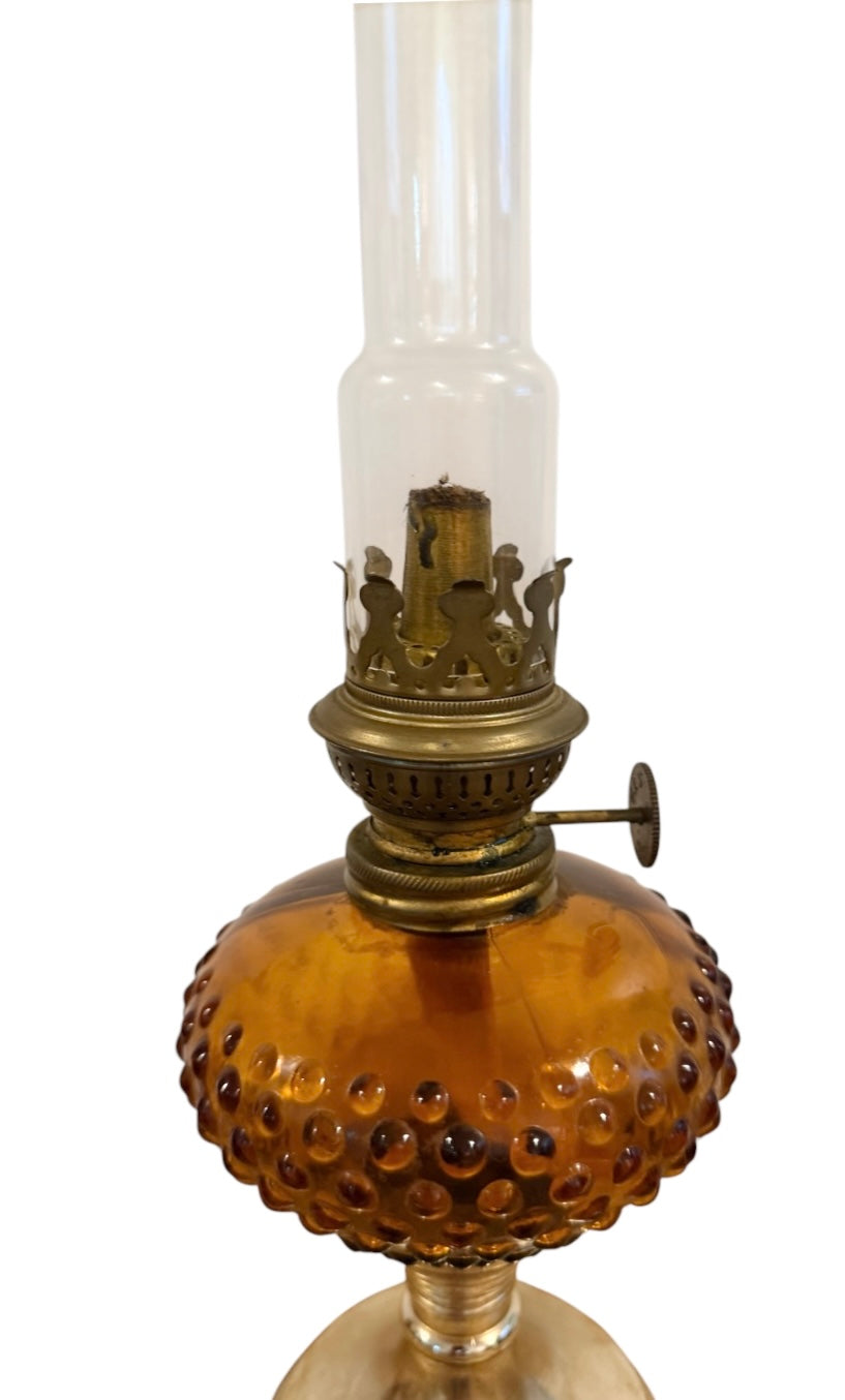 Amber Hobnail Vintage Kerosene/Oil Lamp with Star Burner & Glass Chimney