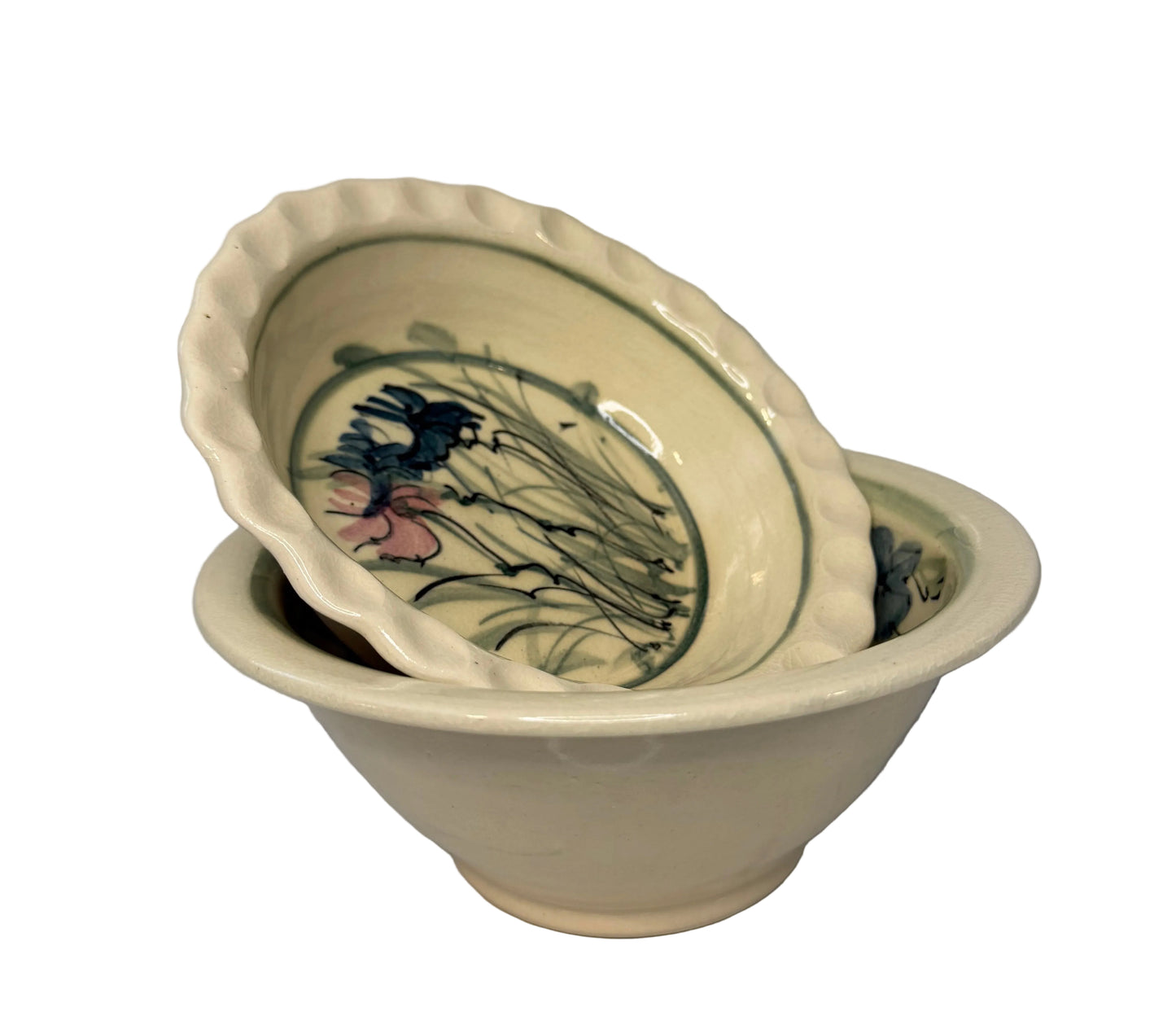 Vintage Hand-Painted Studio Pottery Floral Bowl - Pie Dish - Artisan Ceramic Serving Set (2)