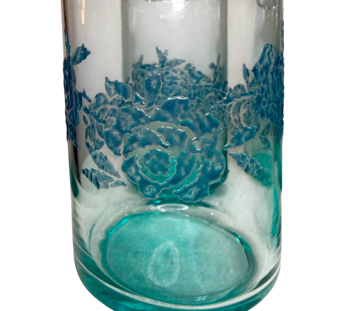 Set of 6 Vintage Aqua Blue Glass Tumblers with Raised Blue Rose Garland