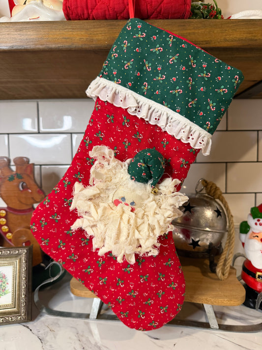 Handmade Santa Stocking – Red & Green Holly Berry Fabric with Curly Beard & Lace Trim