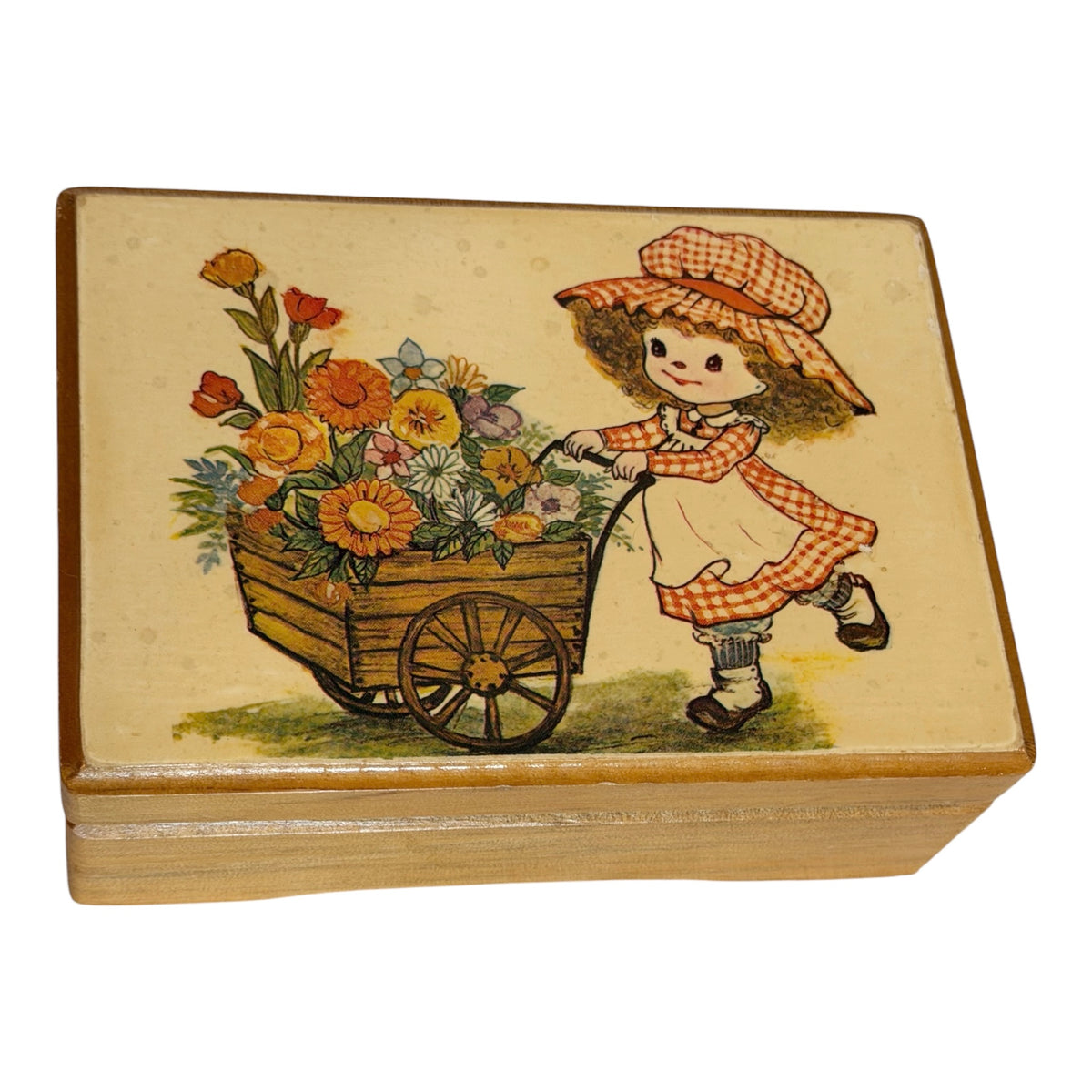 1970s Wooden Holly Hobby Style Jewelry Box | Retro Floral Girl & Pink Velvet Interior