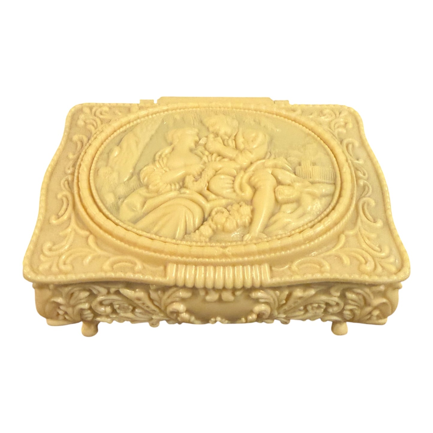 Vintage French Ivory Celluloid Jewelry Trinket Box | Footed Vanity Box with Romantic Courting Couple Lid | Rococo Style Keepsake Storage