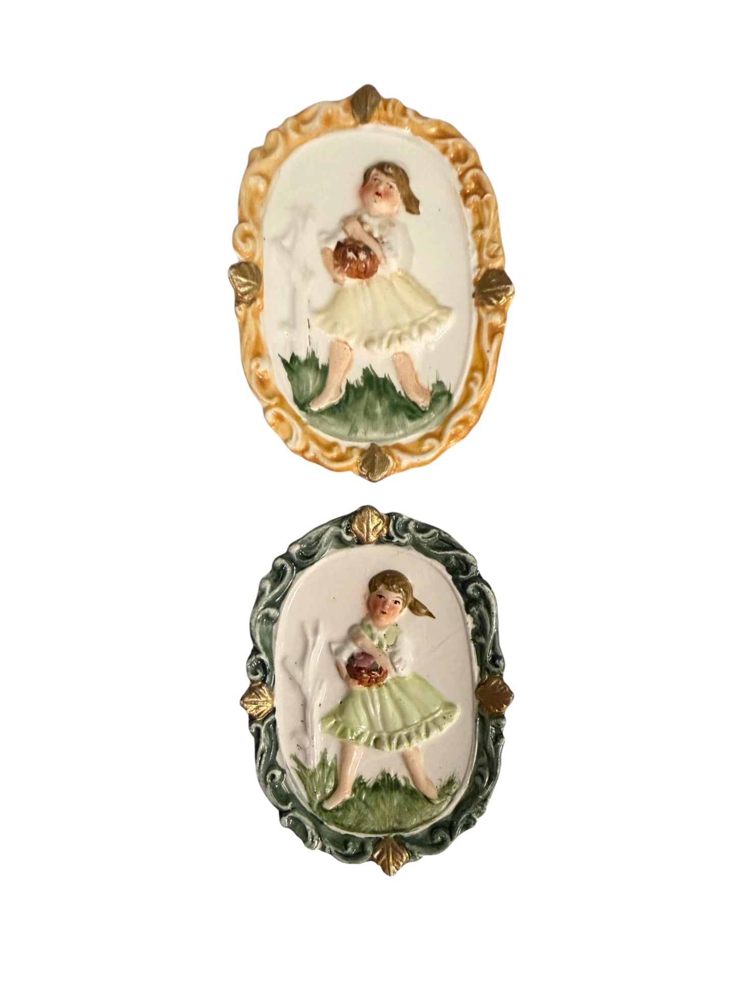 Vintage Mid-Century Porcelain Wall Plaque Pair – Hand-Painted Girl with Basket (Enesco / Occupied Japan Style)