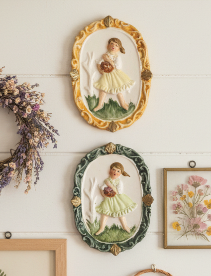 Vintage Mid-Century Porcelain Wall Plaque Pair – Hand-Painted Girl with Basket (Enesco / Occupied Japan Style)