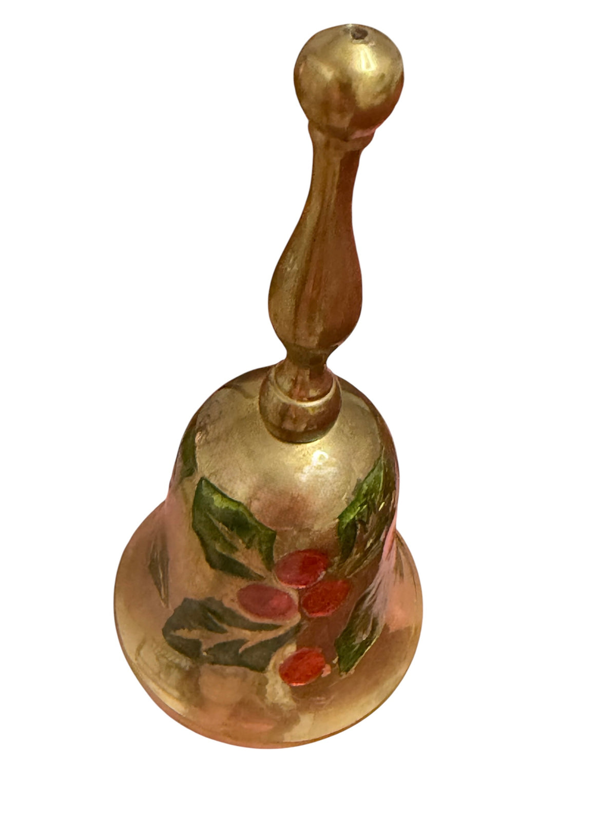 Brass Holly & Berry Hand Bell – Vintage Enameled Christmas Bell