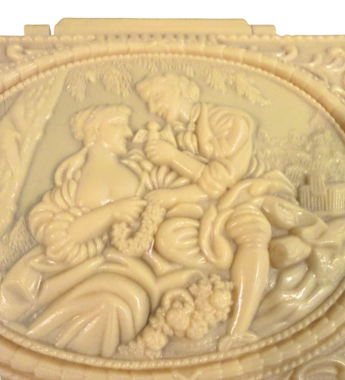 Vintage French Ivory Celluloid Jewelry Trinket Box | Footed Vanity Box with Romantic Courting Couple Lid | Rococo Style Keepsake Storage