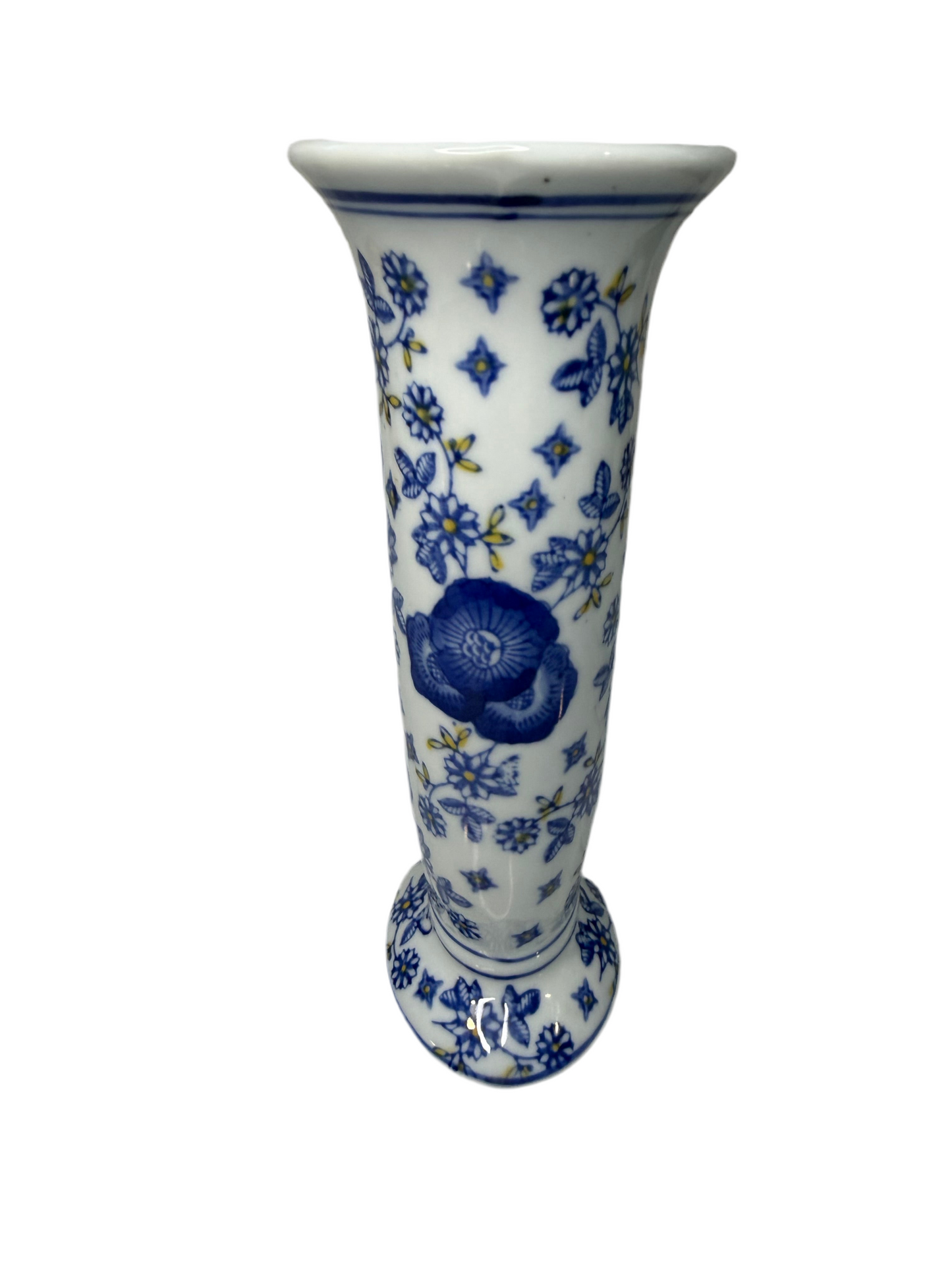 Chinoiserie Vintage Blue & Yellow Floral Ceramic Vase