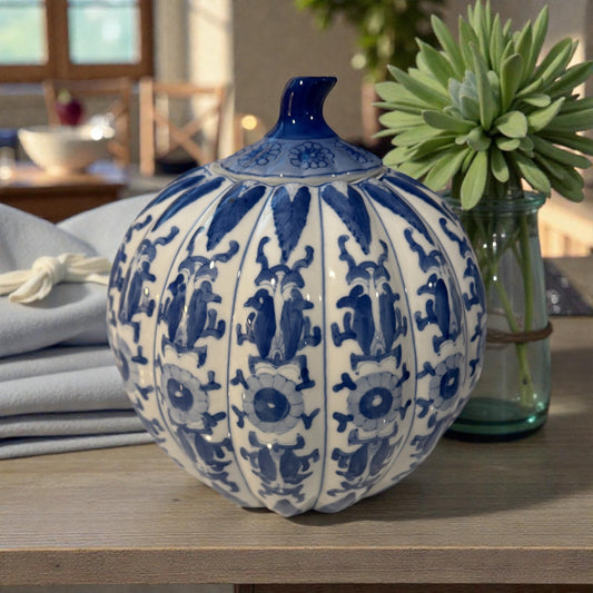 Vintage Chinese Blue & White Pumpkin-Shaped Ginger Jar | Chinoiserie Porcelain