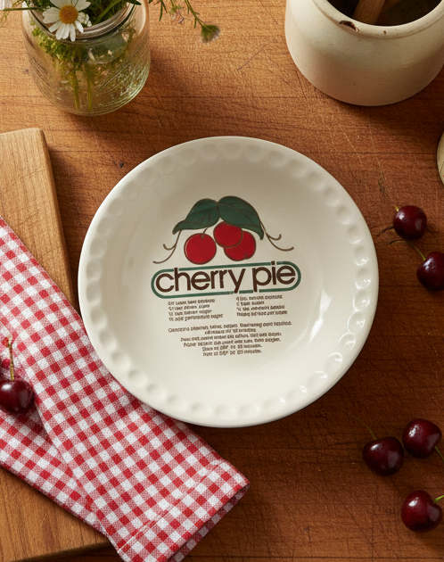 Vintage Cherry Pie Recipe Plate | Retro Ceramic Recipe Dish | Farmhouse Kitchen Decor | Vintage Bakeware Collectible