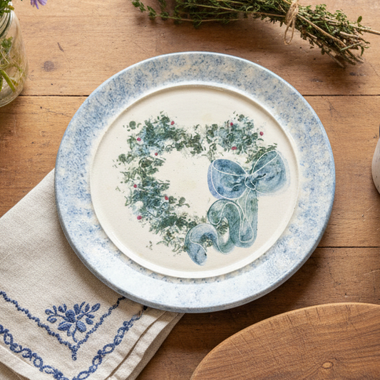 G. Miller Studio Pottery Stoneware Vintage Trivet | Hand-Painted Evergreen Wreath | Cottagecore Kitchen Decor