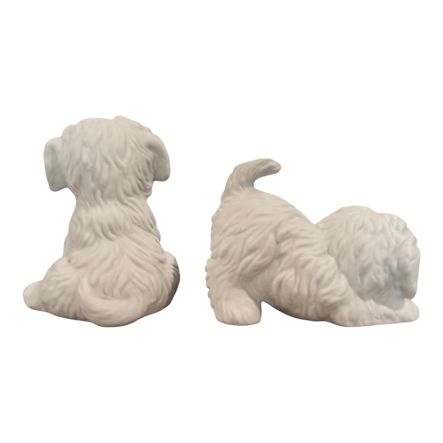 Homco Maltese Puppy Figurines #1411 – Set of 2 White Porcelain Dogs, 1980s Collectible Decor
