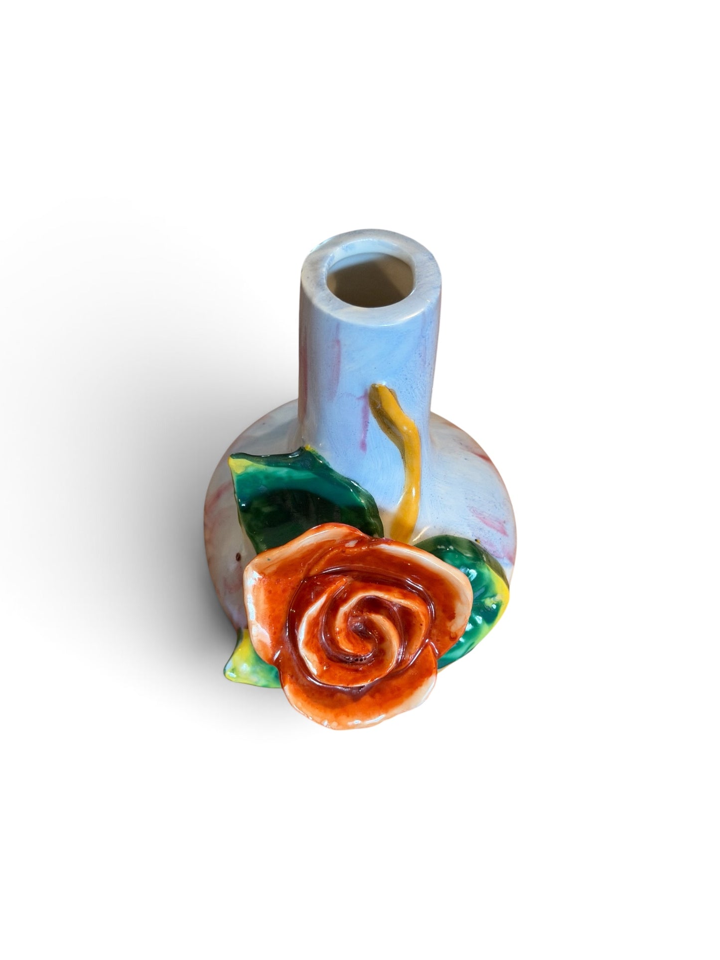 Occupied Japan Ceramic Bud Vase with Applied Porcelain Rose | Hand-Painted Floral Vase | 4.5”