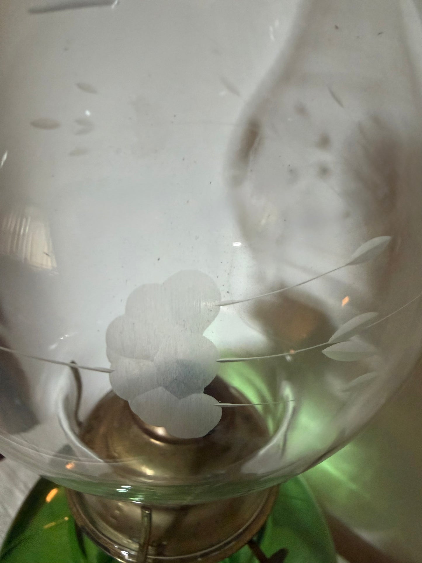 Flashed Green Glass Vintage Hurricane Oil Lamp with Etched Floral Chimney – 15.5”