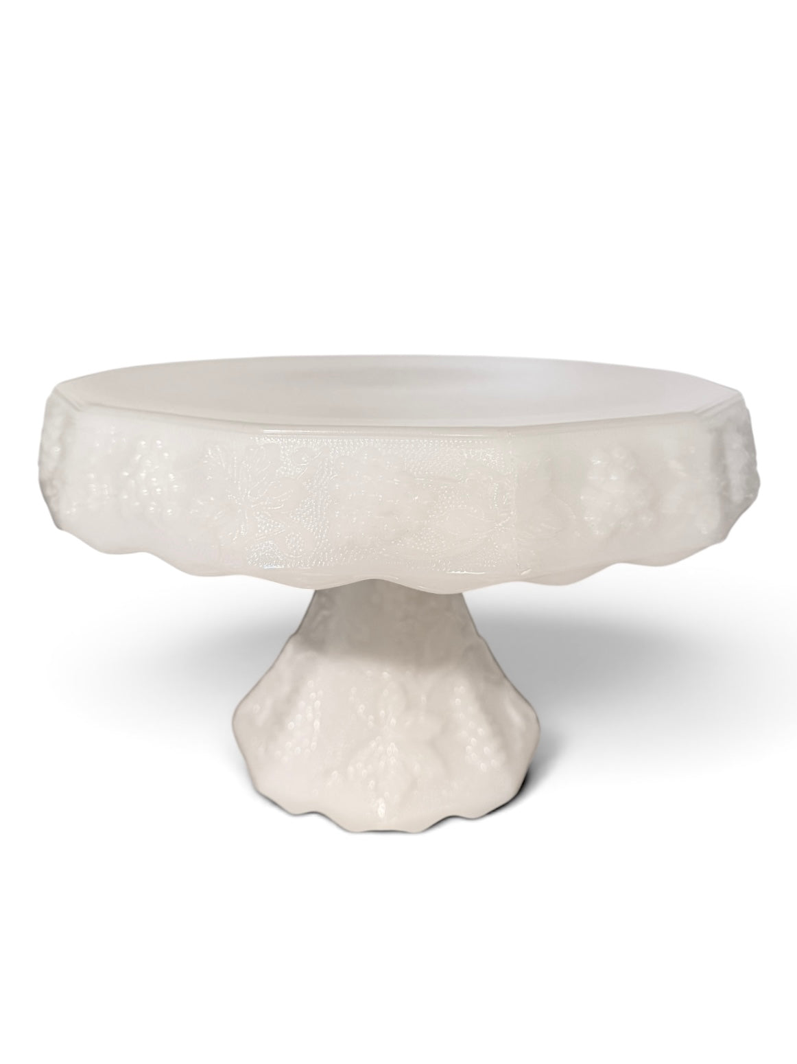 Vintage Milk Glass Pedestal Cake Stand | Harvest Grape / Paneled Grape Pattern | Mid-Century Glass