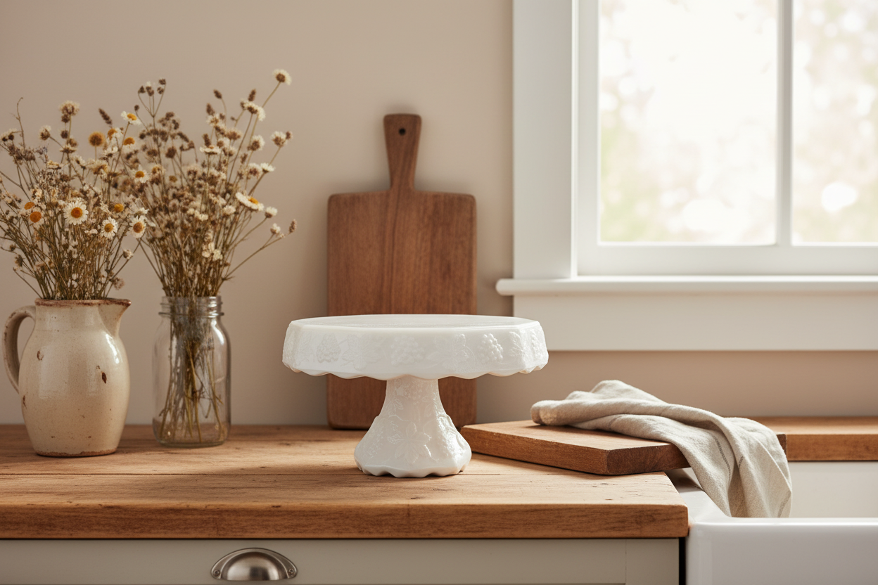 Vintage Milk Glass Pedestal Cake Stand | Harvest Grape / Paneled Grape Pattern | Mid-Century Glass