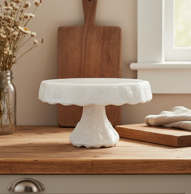 Vintage Milk Glass Pedestal Cake Stand | Harvest Grape / Paneled Grape Pattern | Mid-Century Glass