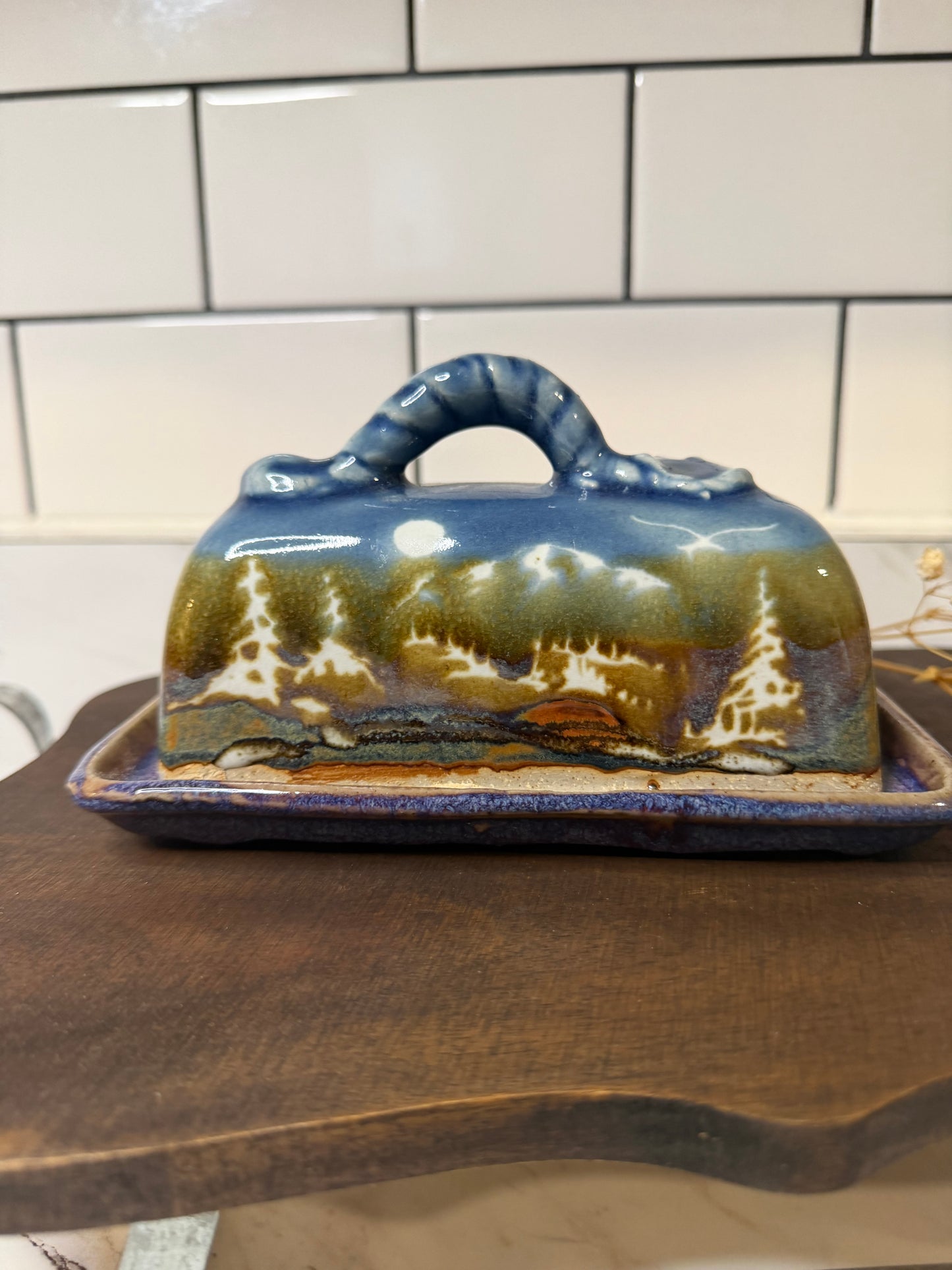 Handmade Ceramic Covered Butter Dish – Mountain/Taos Style Scenic Glaze